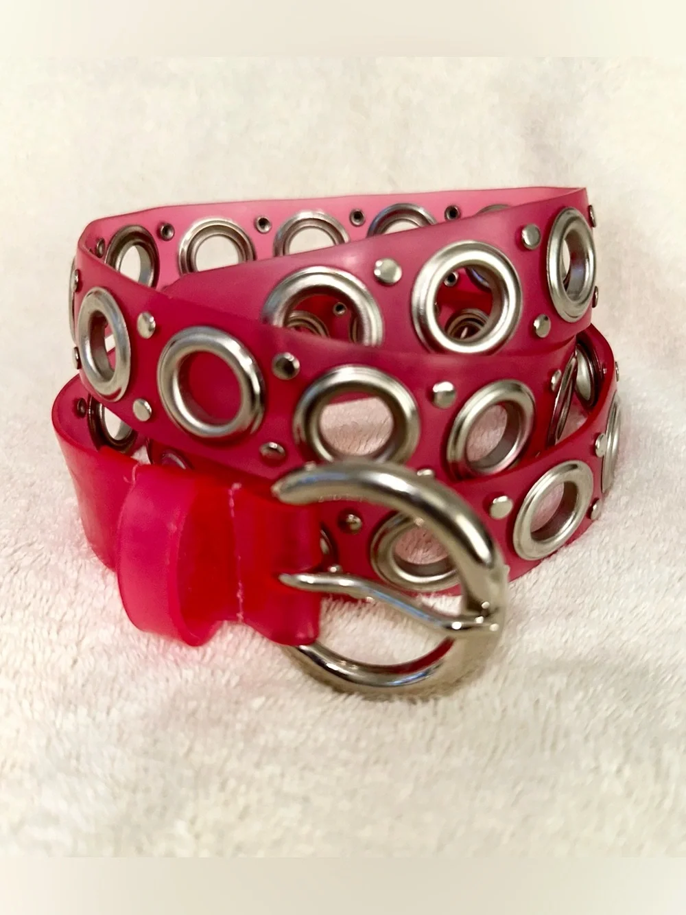 Y2K Hot Pink Jelly Grommet Belt Silver Tone Eyelets Retro 2000s Accessory 38”